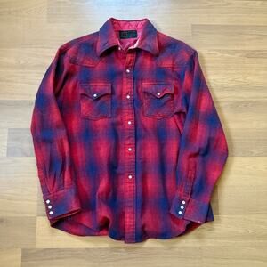 Men's Vintage 80's K-Mart Red Blue Wool Pearl Snap Flannel Long Sleeve Shirt M